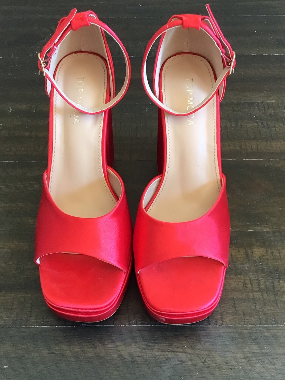 TOP Moda Red Satin Platform Ankle-Strap Sandals